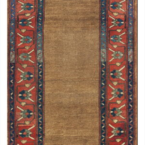 Tan runner rug featuring elaborate side borders in rust-red and dark blue with stylized floral motifs.