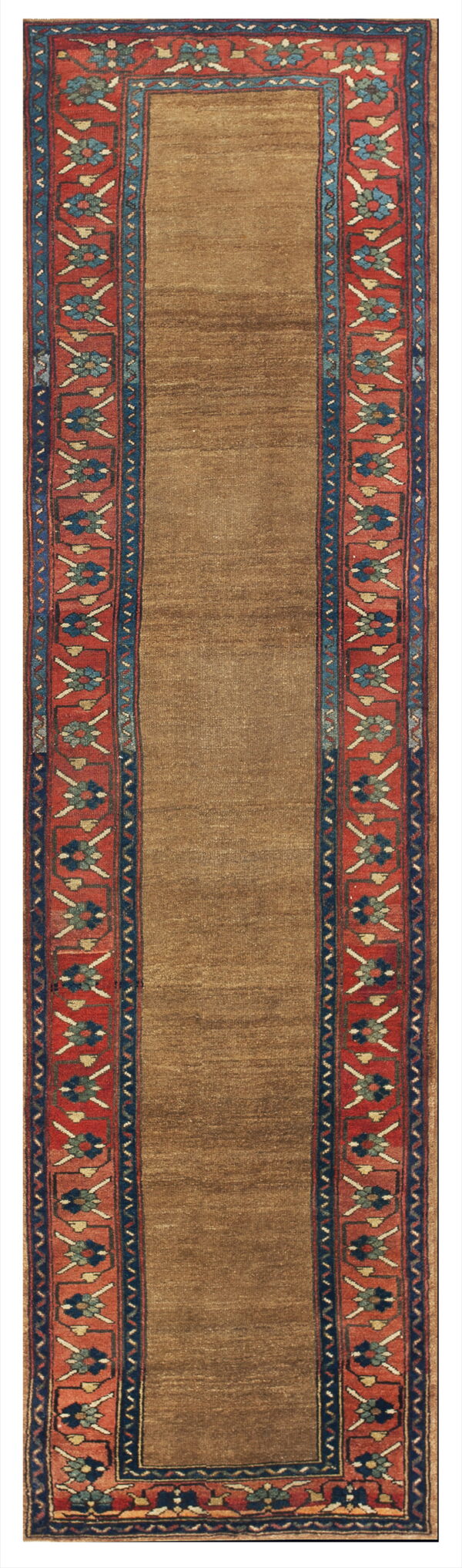 Tan runner rug featuring elaborate side borders in rust-red and dark blue with stylized floral motifs.