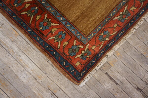 Brown rug corner featuring a rust red, blue, and green patterned border resting on weathered wood planks.