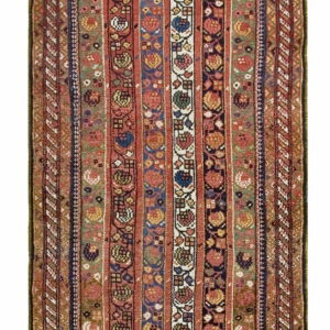 Low-pile runner with vertical floral stripes in muted red, blue, green, and brown colors.