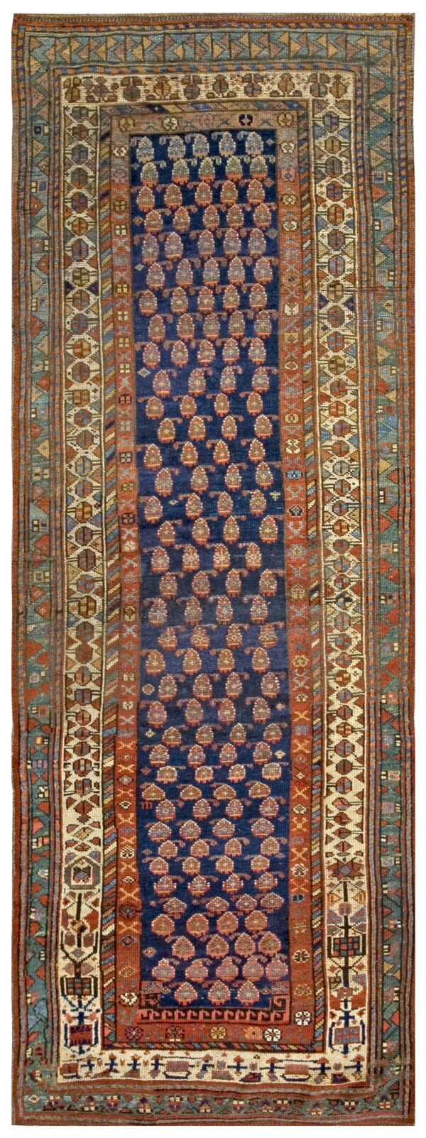 Dark blue runner rug with alternating rows of teardrop motifs and complex geometric borders in red and ivory.