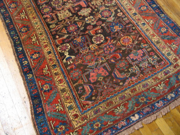 Dark-field traditional rug featuring detailed red, blue, green, and tan geometric patterns on hardwood.