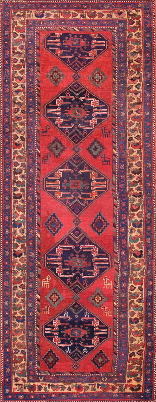 Vibrant red rug with intricate patterns.