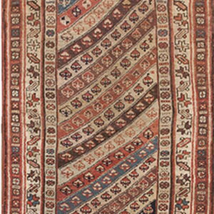 Low-pile runner with diagonal stripes in muted red, brown, navy, and cream, featuring intricate borders.