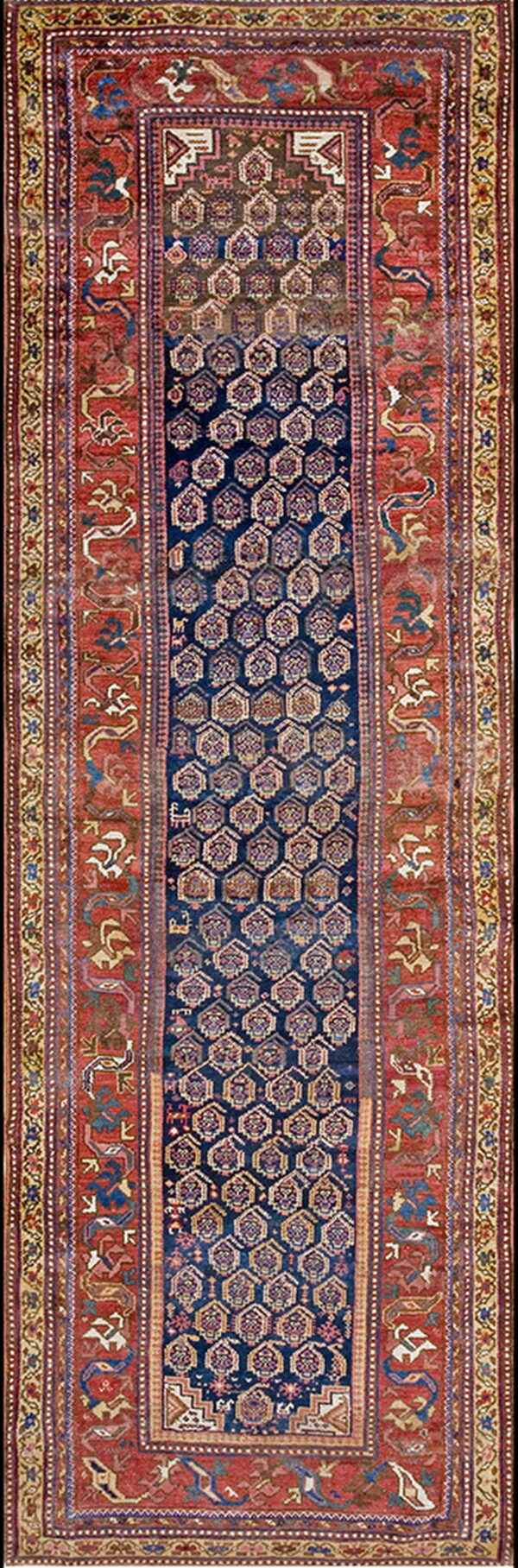 Dark blue runner rug with hexagonal motifs and wide red borders displaying stylized animal patterns.