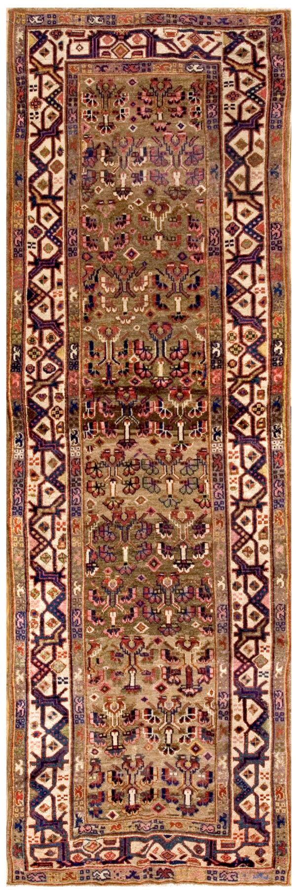 Long runner rug with an olive green ground, stylized tribal pattern, and bold geometric borders.