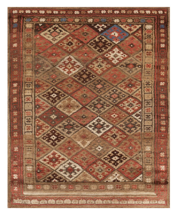 Geometric rug with diamonds and complex borders in brown, tan, deep red, and blue accents.