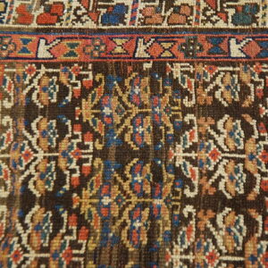Detailed view of a rug displaying a dark brown field with colorful ornate motifs and multiple geometric borders.
