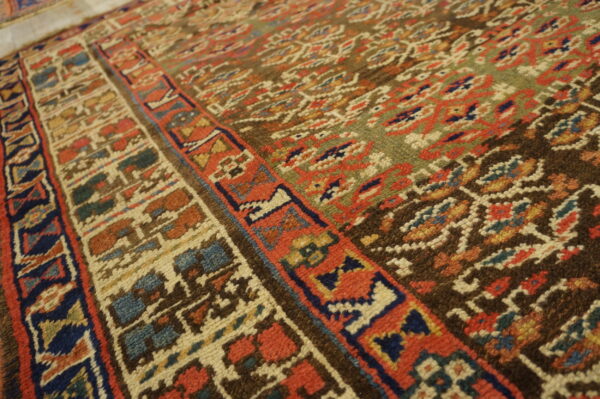 Low-pile rug detail showing borders and field with dark brown, olive, red, and blue geometric motifs.