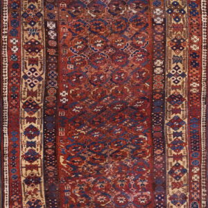 Red and blue tribal rug with dense geometric patterns and complex tan and maroon multi-layered borders.
