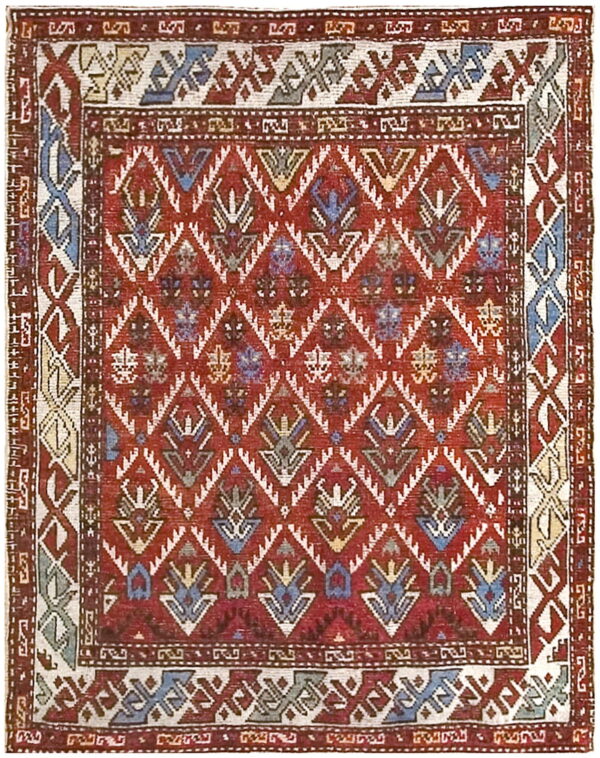 Low pile rug featuring a red field, geometric diamond lattice, and stylized multi-colored plant motifs.