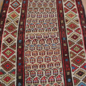 Multicolor runner rug featuring geometric borders and a central field of repeating stylized house motifs on wood flooring.