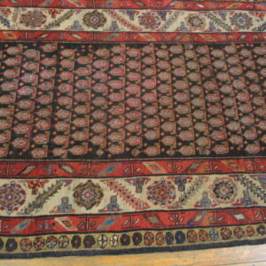 Traditional rug featuring a dark central panel with repeating red motifs, detailed cream and red borders, and wood flooring.