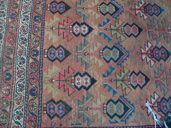 Repeating dark navy and olive geometric motifs on a rust-colored rug field with a contrasting floral border.