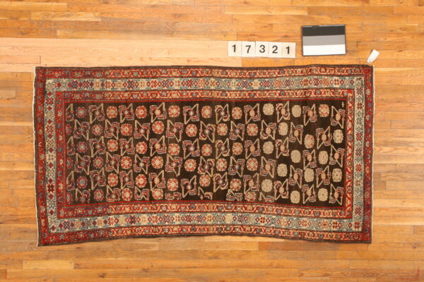 Dark brown runner rug featuring intricate red, blue, and beige geometric patterns on wood flooring.