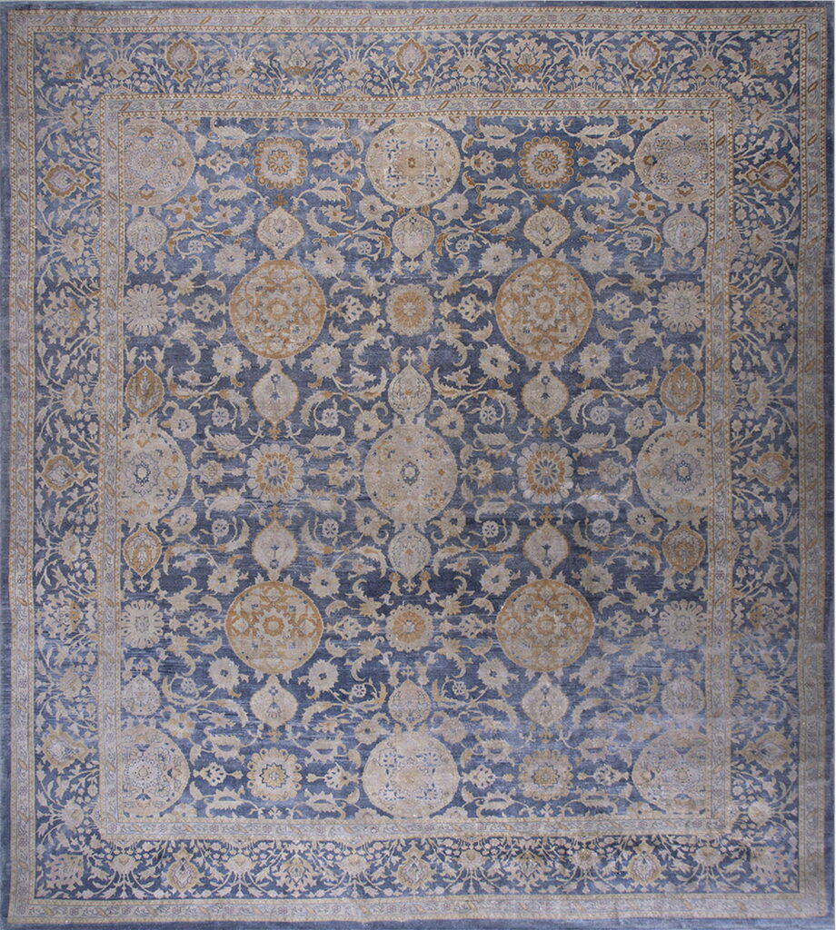 Large Antique Rug Large 1930s Hand-Knotted Blue Floral Antique Rug