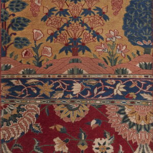 Low pile rug with segmented fields of red floral medallions and gold motifs including trees and clouds.