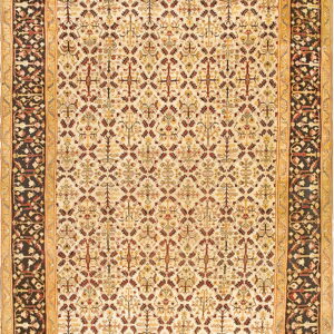 Intricate rug featuring a cream field with reddish and gold motifs framed by a wide, dark brown patterned border.