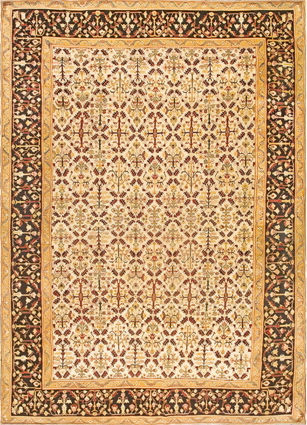 Intricate rug featuring a cream field with reddish and gold motifs framed by a wide, dark brown patterned border.