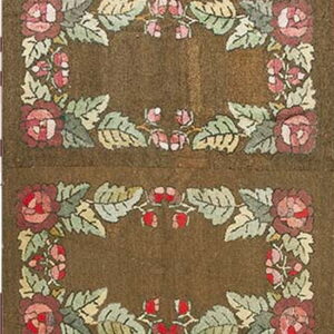Dark brown runner rug featuring repeated rose and leaf wreath motifs in pink and green.