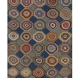Textured runner rug with multicolored, spiraled octagon shapes set against blue and gray grid elements.