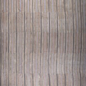 Flatwoven striped rug in tan, beige, gray, and subtle thin multicolored vertical lines.