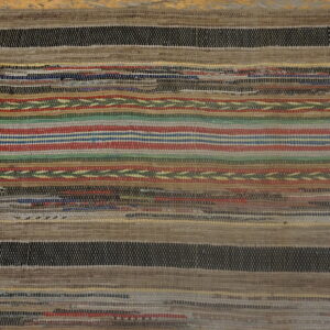 Textured flatweave rug with dominant brown and black stripes punctuated by thin bands of red, blue, and green.