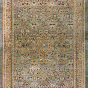 Sage green and gold traditional rug with an intricate floral pattern and wide ornamental borders.