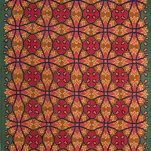 Rug with red, orange, and brown geometric motifs, detailed with a dark trellis and a solid green border.
