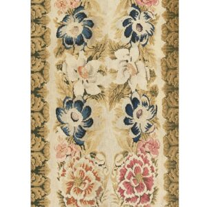 Long cream runner with colorful pink and blue floral designs and thick olive green scrolling borders.