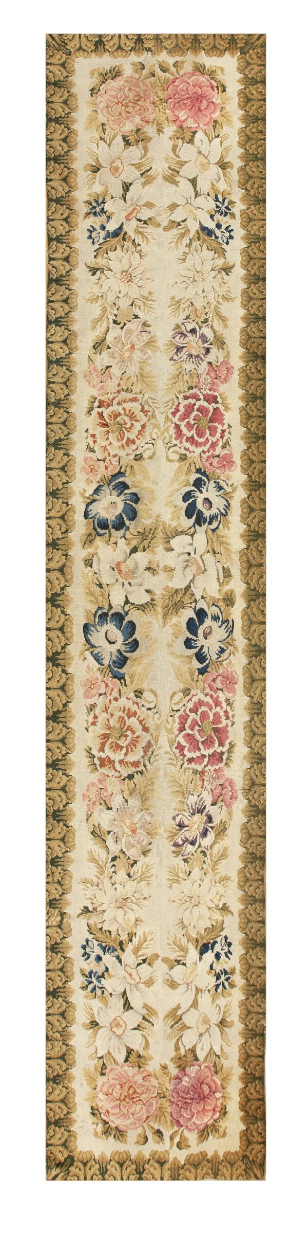 Long cream runner with colorful pink and blue floral designs and thick olive green scrolling borders.