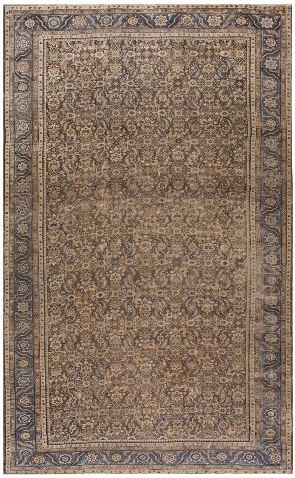 Muted brown and beige rug with a dense paisley and floral field and wide geometric blue borders.