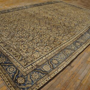 Ornate beige and brown patterned rug with wide blue borders resting on distressed wooden plank flooring.