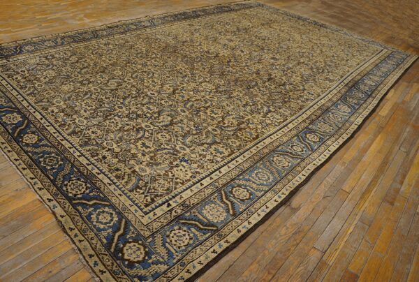 Ornate beige and brown patterned rug with wide blue borders resting on distressed wooden plank flooring.