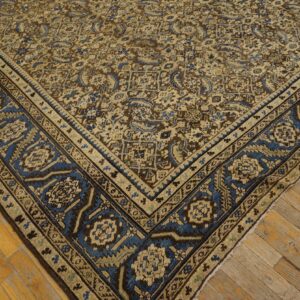 An intricate, low-pile traditional rug in beige, brown, and blue rests on distressed wooden floorboards.