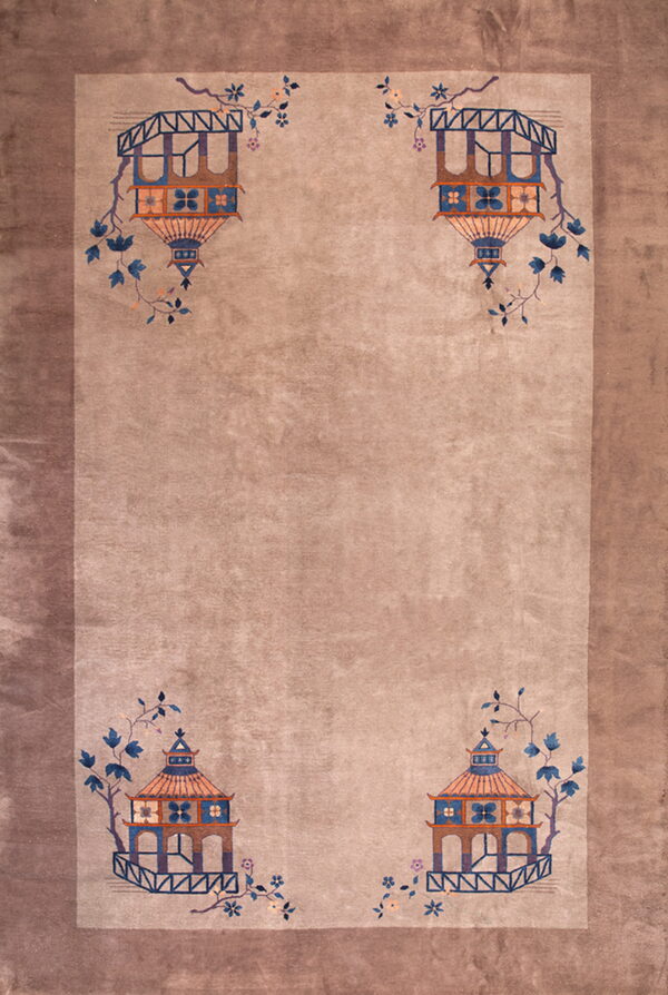 Tan rug with corner blue and orange pagoda motifs framed by a darker brown border.