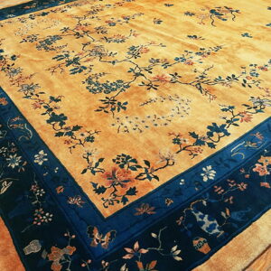 Golden high-pile rug with a sprawling floral pattern and a wide dark blue patterned border on wood floors.
