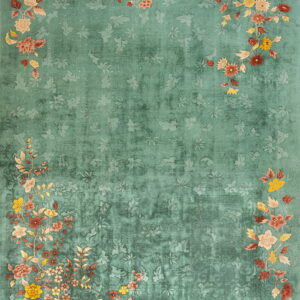 A distressed teal rug features colorful bouquets of red, peach, and yellow flowers clustered near the edges.