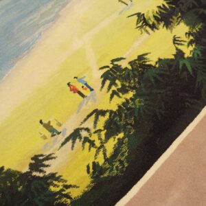 Detailed rug scene featuring a bright yellow landscape with small figures, dark green foliage, and a solid beige border.