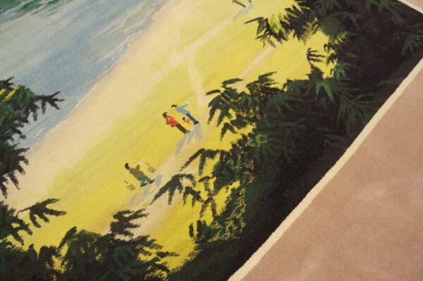 Detailed rug scene featuring a bright yellow landscape with small figures, dark green foliage, and a solid beige border.