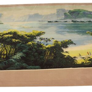 Detailed scenic rug showing green bamboo, blue water, distant mountains, and a wide tan border.
