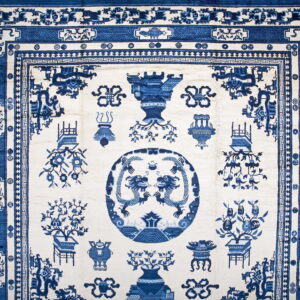 White field rug with detailed blue Chinoiserie pattern, twin dragon medallion, and extensive border design.