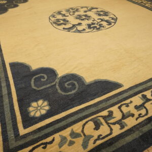 Beige rug featuring a dark blue medallion and elaborate borders on rustic wood plank flooring.