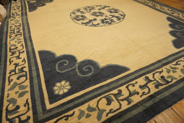 Beige rug featuring a dark blue medallion and elaborate borders on rustic wood plank flooring.