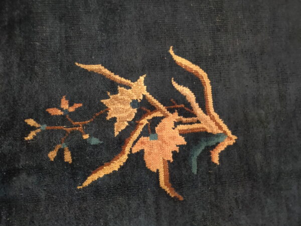 Dark navy rug close-up showing a medium pile and a botanical design in gold, rust, and teal.