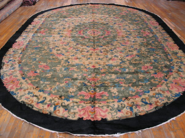 Large oval floral rug in green, beige, and pink, bordered in black, displayed on wood plank flooring.