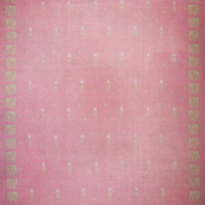 A pink low-pile rug featuring a repeating pattern of stylized light green tulips and a squared Art Nouveau border.