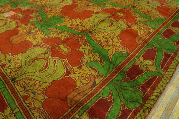 Vibrant red and lime green rug featuring a stylized large-scale floral and leaf pattern on wood floors.