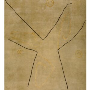 Plush beige rug featuring an abstract graphic pattern of thin dark brown and golden yellow lines.