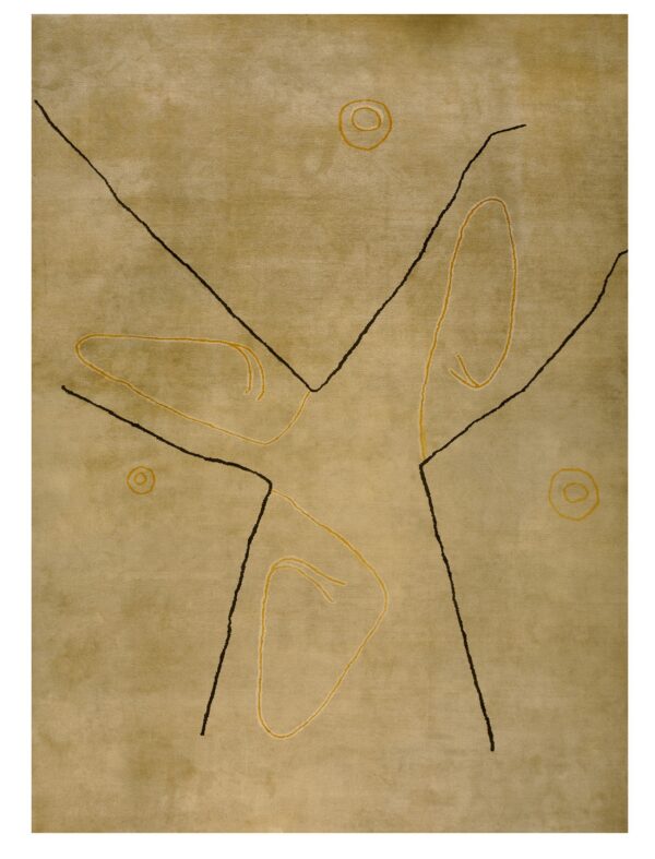 Vintage large size modernist mid century modern ecuadorian art rug 1 Plush beige rug featuring an abstract graphic pattern of thin dark brown and golden yellow lines.